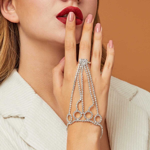 

Rhinestone Engraved Ring Decor Finger Chain Bracelet 1pc, Silver