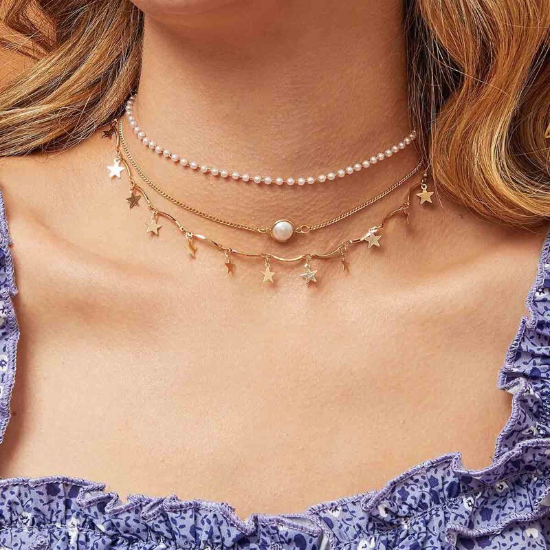 

3pcs Star Charm Pearl Decor Layered Necklace, Gold