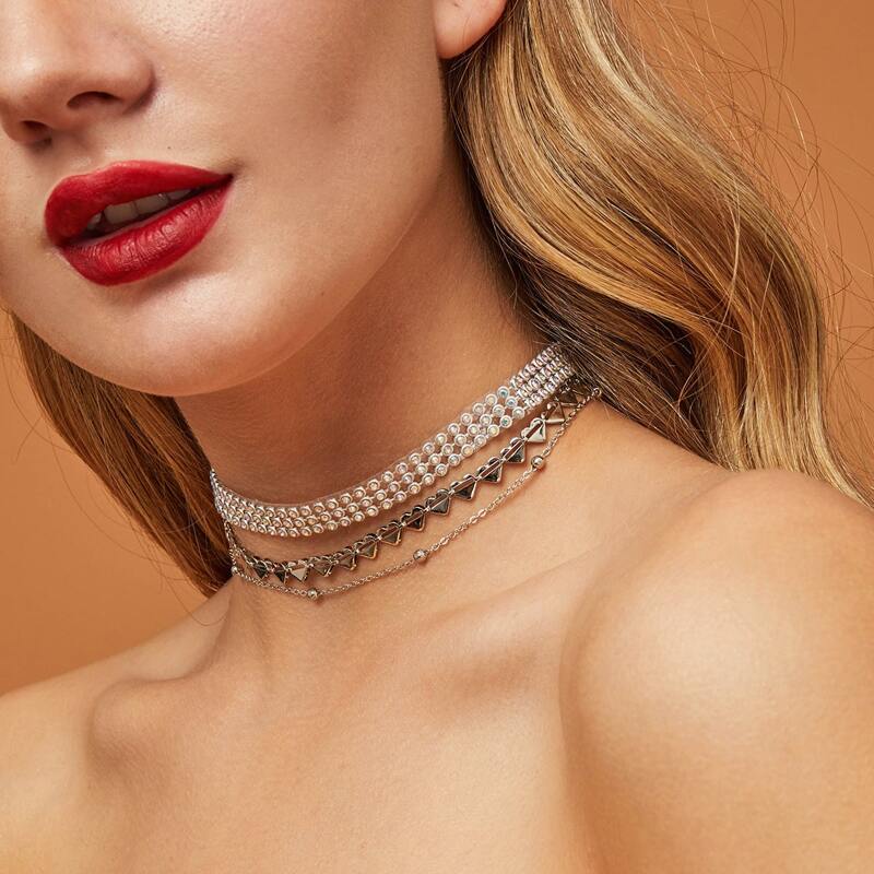 

3pcs Rhinestone Decor Geometric Layered Necklace, Silver