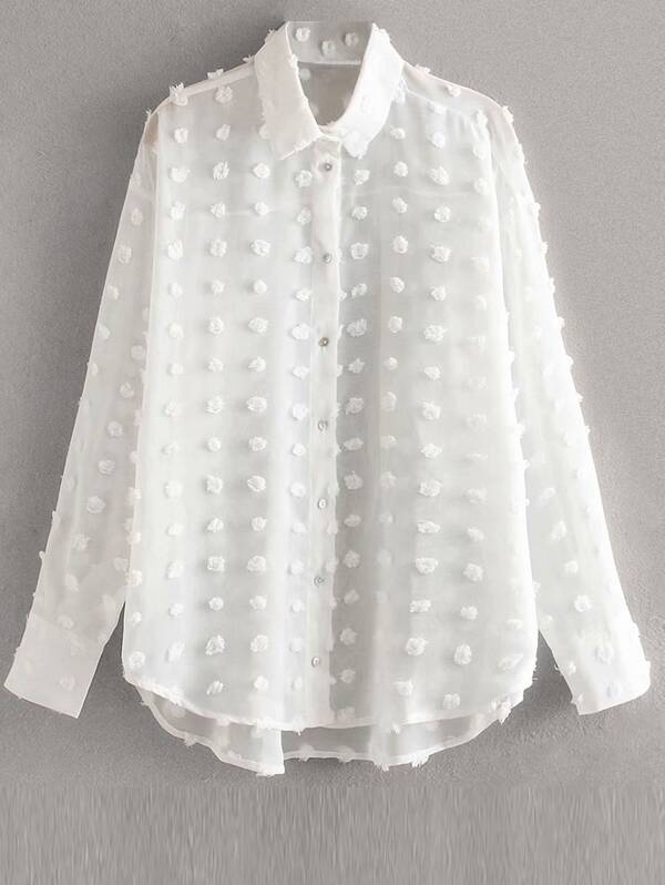 

Plus Swiss Dot Curved Hem Blouse, White