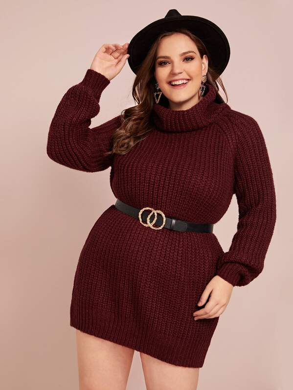 

Plus High Neck Raglan Sleeve Sweater Dress Without Belted, Burgundy, Ella