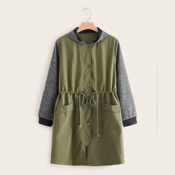

Plus Contrast Panel Drawstring Hooded Coat, Multicolor