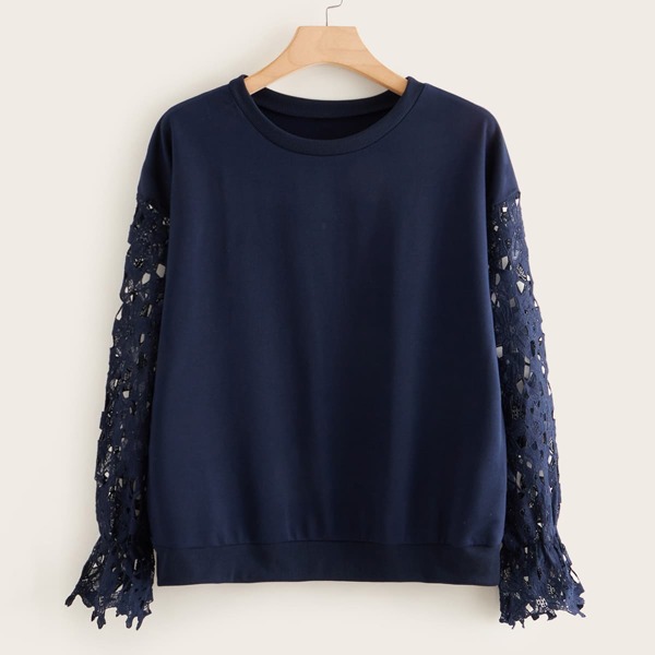 

Plus Contrast Guipure Lace Drop Shoulder Sweatshirt, Navy