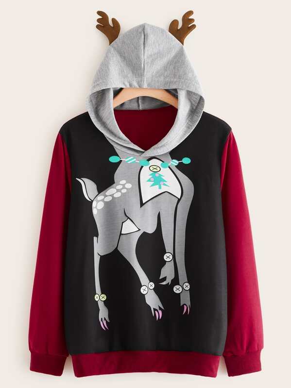 

Plus Contrast Panel Christmas New Year Cartoon Graphic Hoodie, Multicolor
