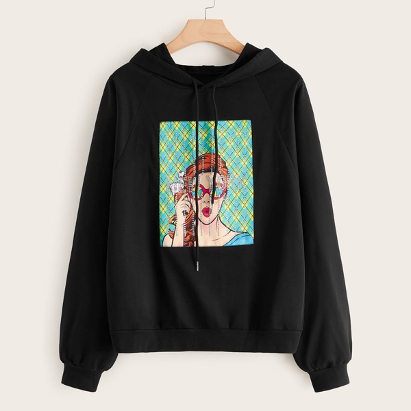 

Plus Figure Graphic Drawstring Hoodie, Black