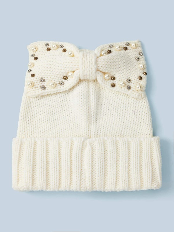 

Pearl & Bow Decor Cuffed Beanie, Beige