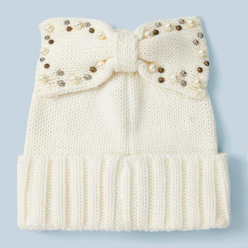 

Pearl & Bow Decor Cuffed Beanie, Beige