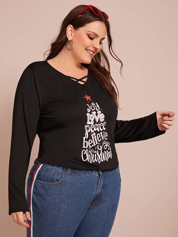 

Plus Christmas New Year Letter Graphic Criss Cross Tee, Black, Ella