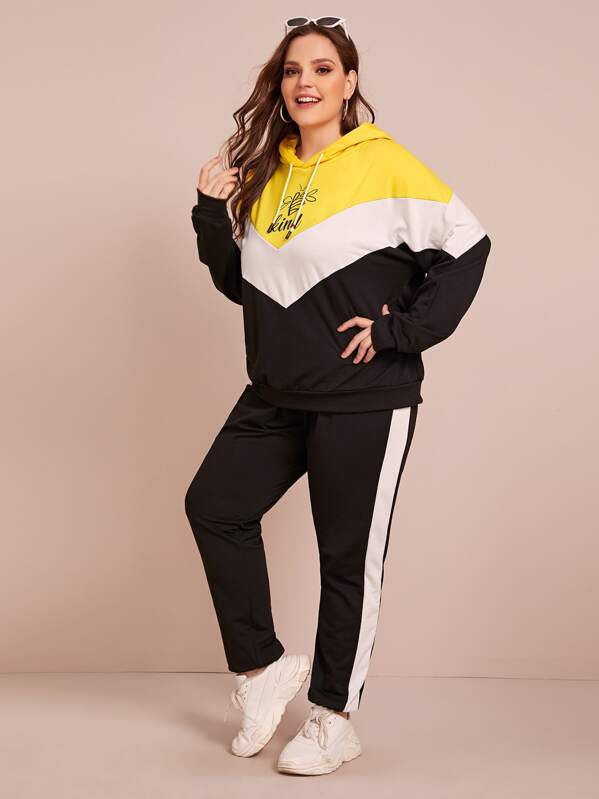 

Plus Cut And Sew Letter Graphic Hoodie With Pants, Multicolor, Ella