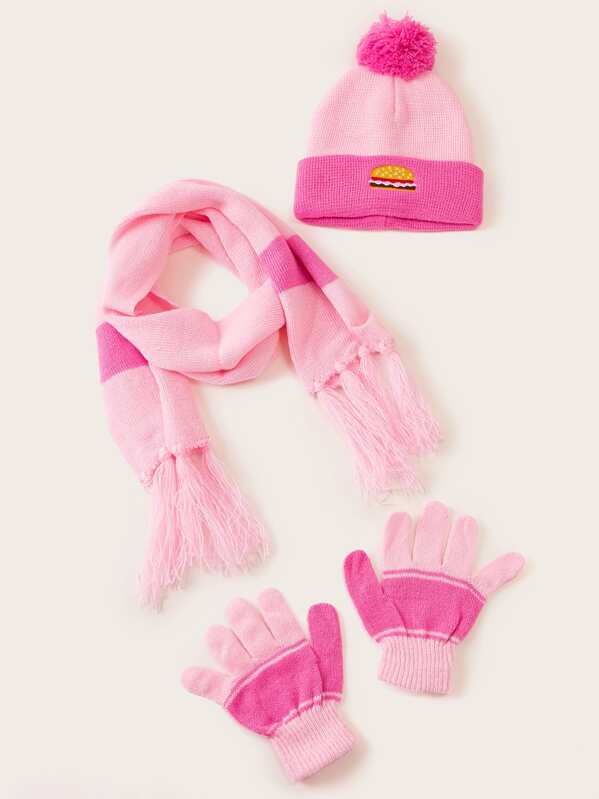 

Toddler Girls Pom-pom Decor Cuffed Beanie & Scarf & Gloves, Pink