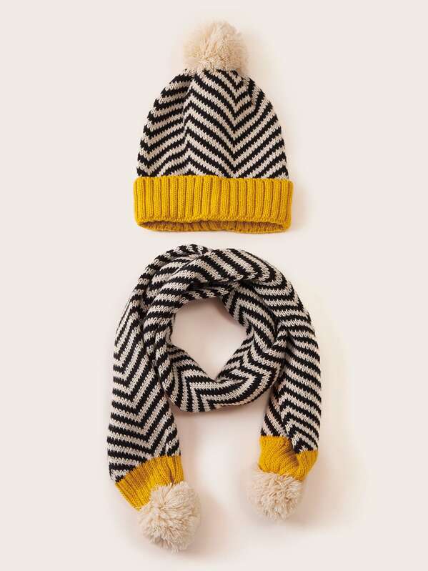 

Baby Pom-pom Decor Chevron Cuffed Beanie & Scarf, Multicolor