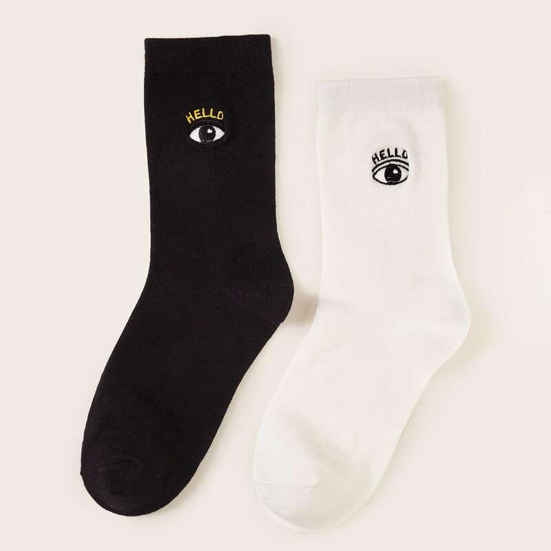 

2pairs Embroidered Eye Socks, Black and white