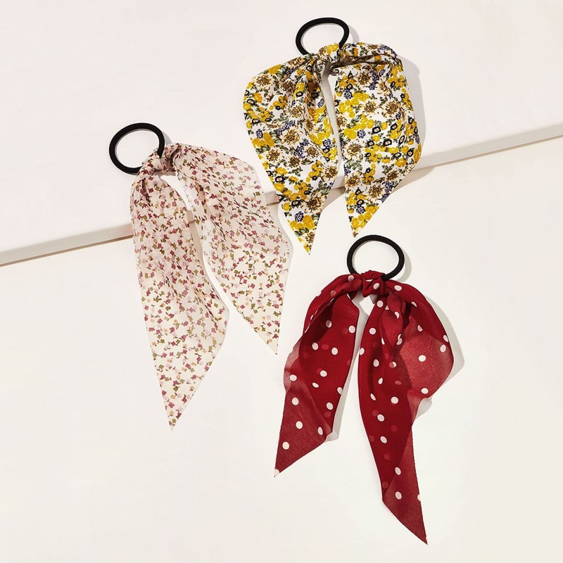 

3pcs Polka Dot & Flower Print Hair Tie, Multicolor