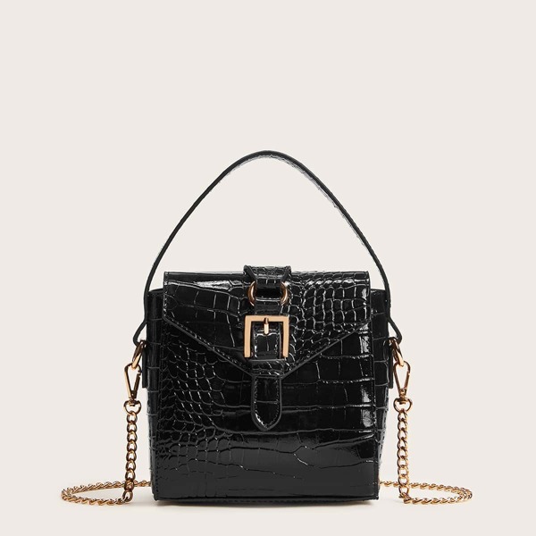 

Buckle Decor Satchel Bag With Chain, Black