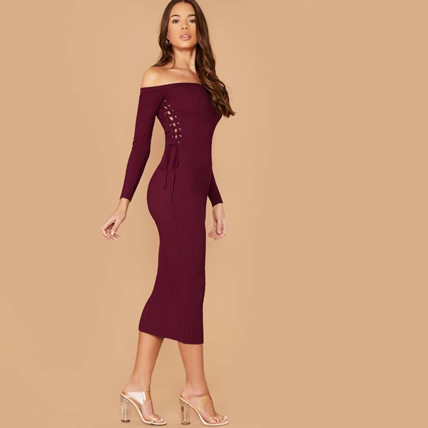 

Off Shoulder Lace Up Side Ribbed Long Sleeve Dress