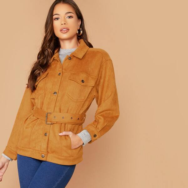 

Double Pockets Button Front Faux Suede Jacket, Camel