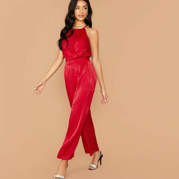 

Halter Neck Backless Sleeveless Satin Jumpsuit, Red