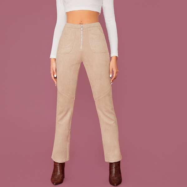 

O-Ring Zip Front Faux Suede Flared Pants