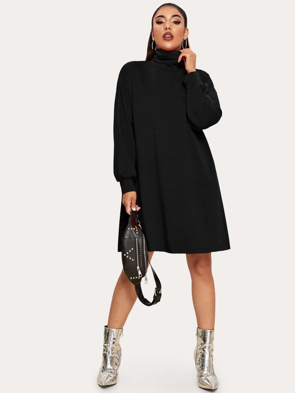 

Solid High Neck Sweatshirt Dress, Black, Lucia