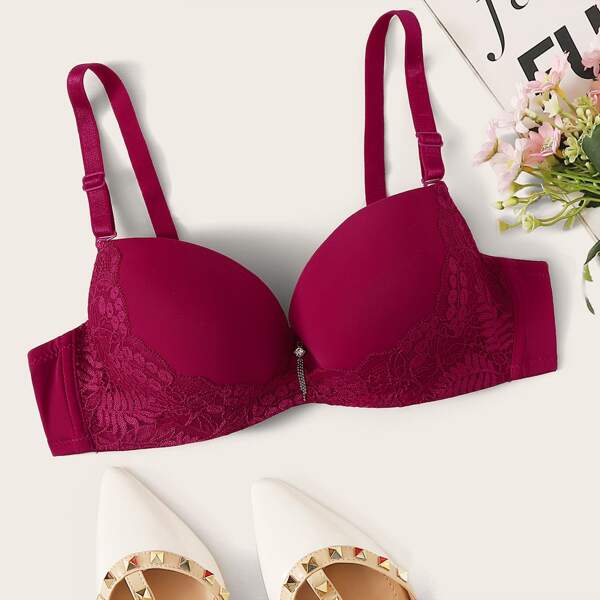 

Contrast Lace Adjustable Strap Underwire Bra, Burgundy