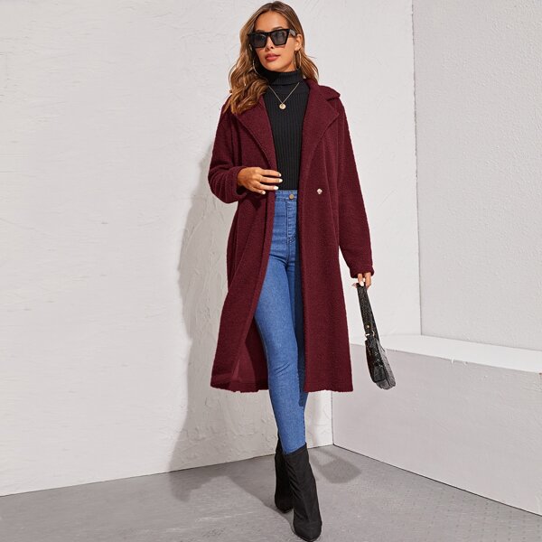 

Notched Collar Single Button Teddy Coat, Burgundy