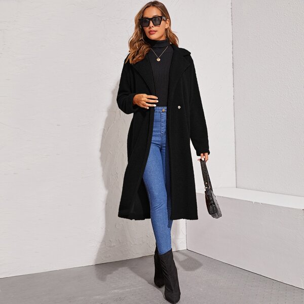 

Notched Collar Single Buttoned Teddy Coat, Black