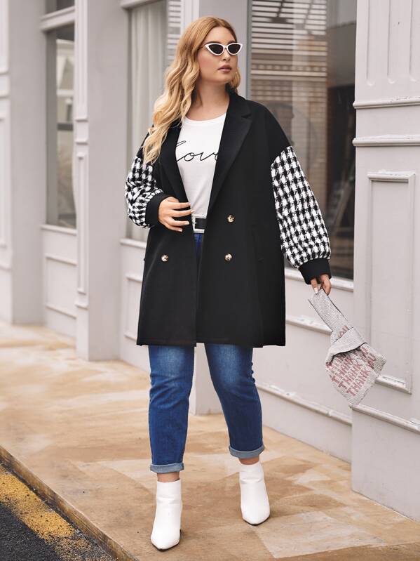 

Plus Houndstooth Balloon Sleeve Double Button Pea Coat, Black, Nora