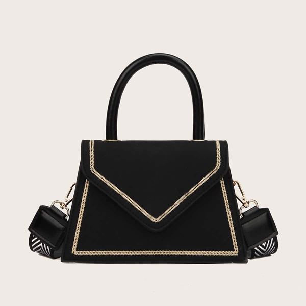 

Stitch Trim Letter Flap Satchel Bag, Black