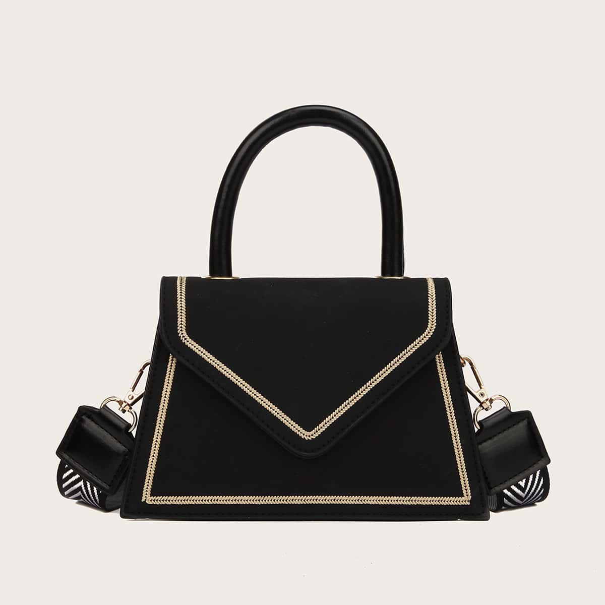 

Stitch Trim Letter Flap Satchel Bag, Black