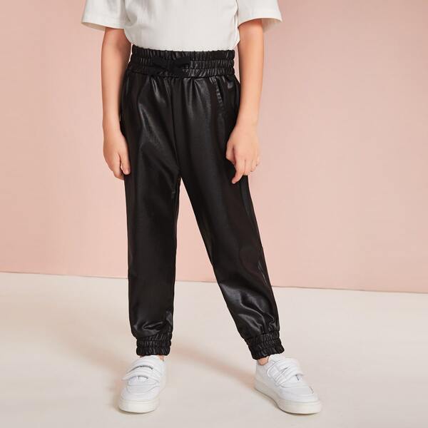 

Toddler Girls Elastic Waist PU Leather Pants, Black