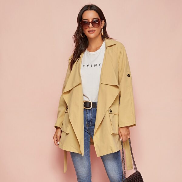 

Raglan Sleeve Flap Pocket Belted Trench Coat, Khaki
