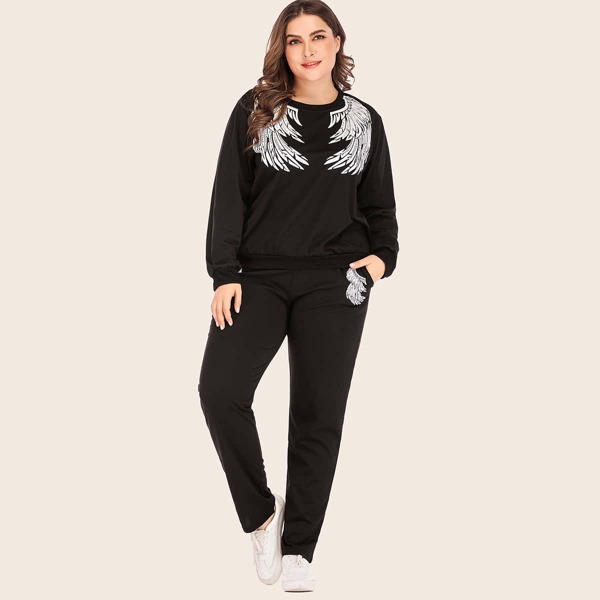 Plus Wings Print Sweatshirt & Sweatpants, Black
