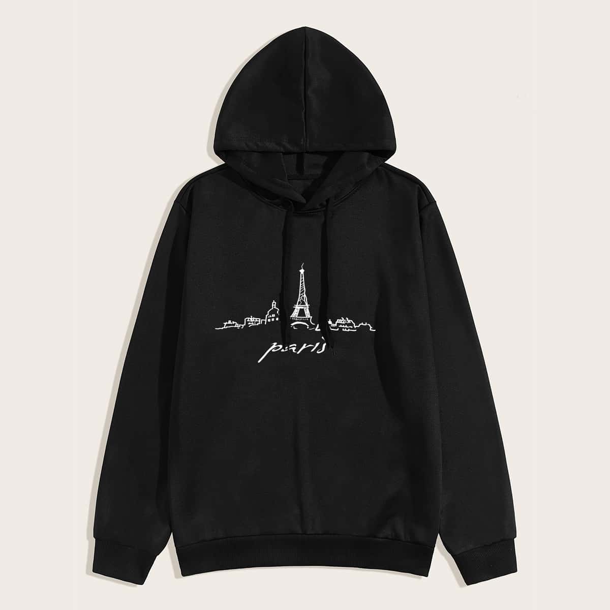 

Guys Building Print Drawstring Hoodie, Black