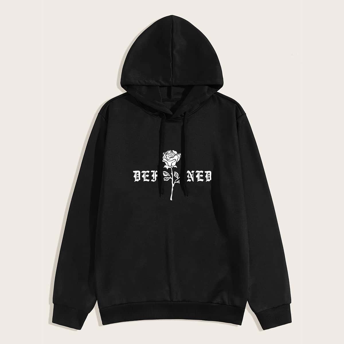 

Guys Rose & Letter Graphic Drawstring Hoodie, Black