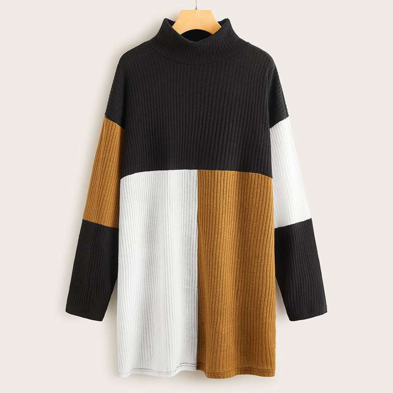 

High Neck Ribbed Colorblock Tunic Dress, Multicolor