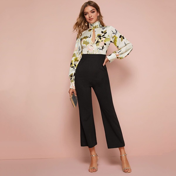 

High Neck Cutout Front Floral Combo Jumpsuit, Multicolor