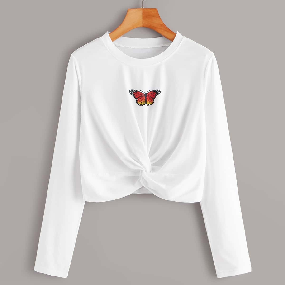 

Butterfly Print Twist Front Crop Tee, White