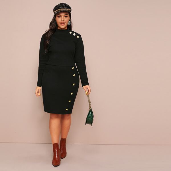 

Plus Gold Button Fitted Top & Pencil Skirt Set, Black