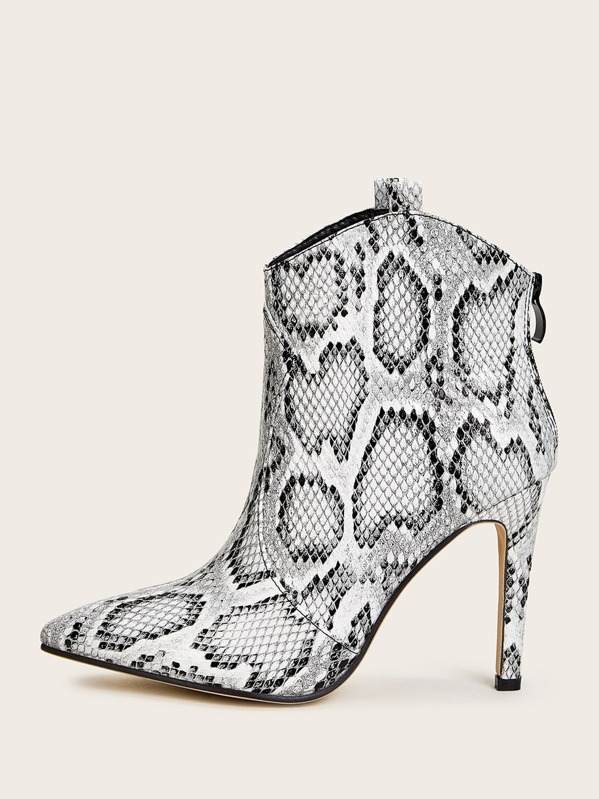

Point Toe Zip Back Snakeskin Stiletto Boots, Multicolor