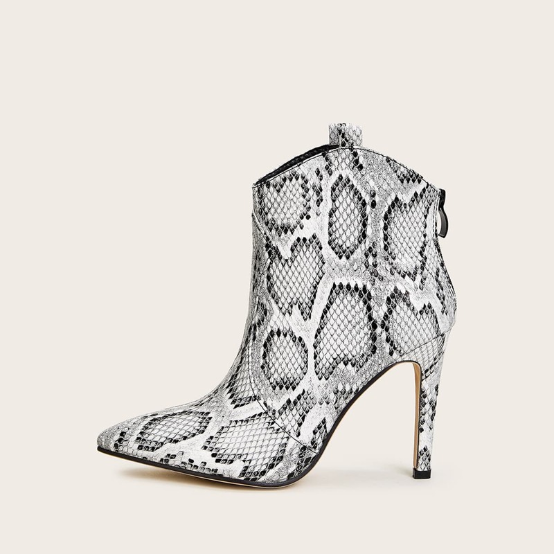 

Point Toe Zip Back Snakeskin Stiletto Boots, Multicolor
