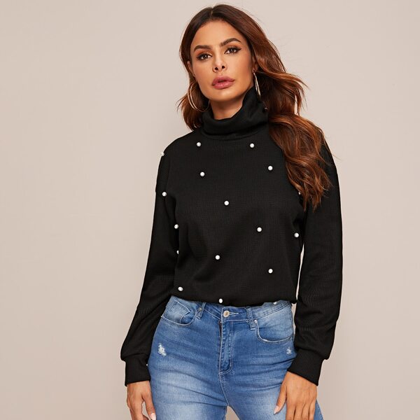 

Drop Shoulder Pearl Beaded Top, Black