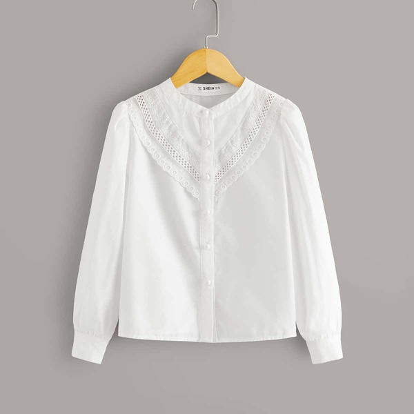 

Girls Lace Trim Button Front Blouse, White