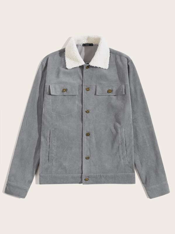 

Men Contrast Fleece Collar Flap Pocket Corduroy Jacket, Grey