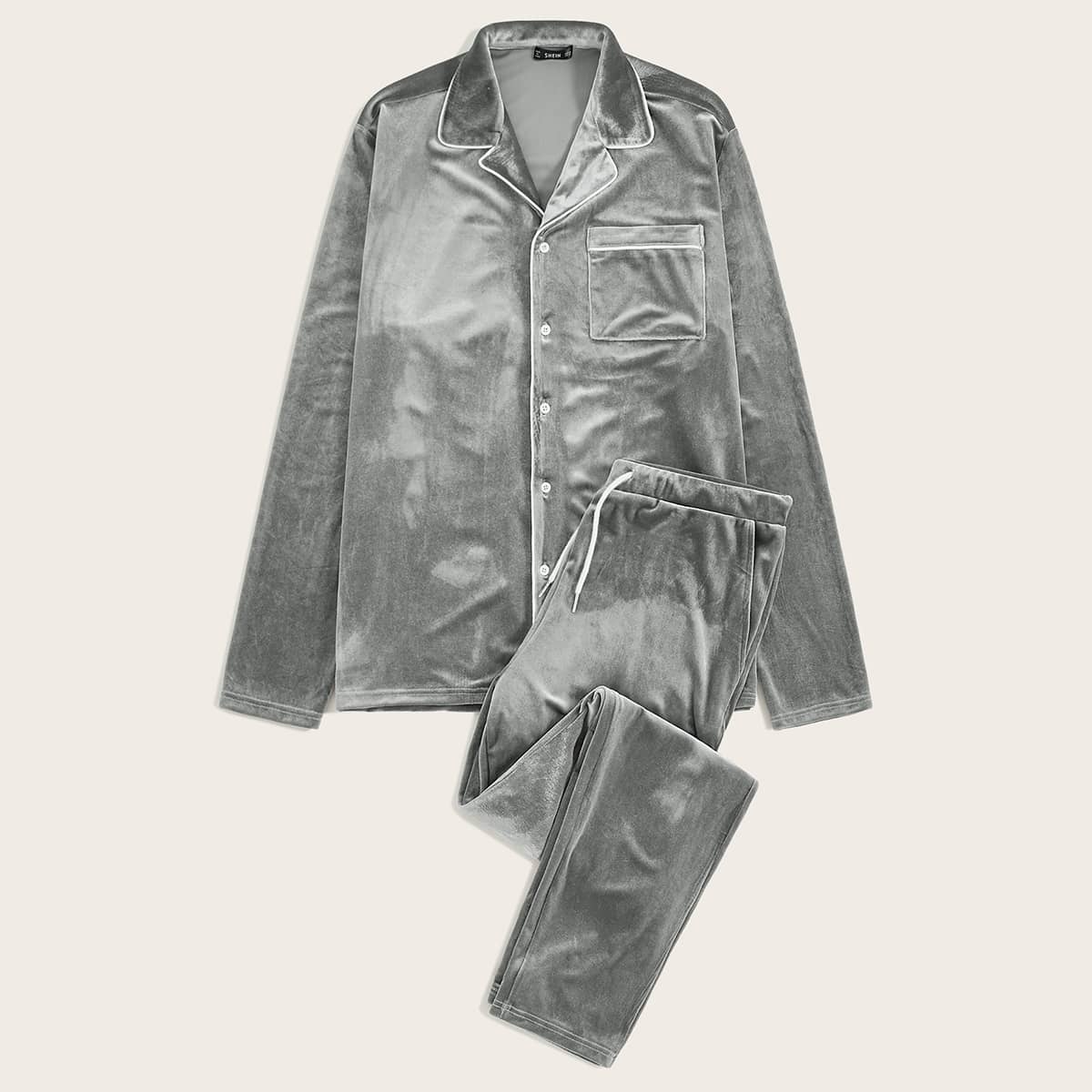 

Guys Contrast Piping Patch Pocket Velvet Shirt & Pants PJ Set, Grey