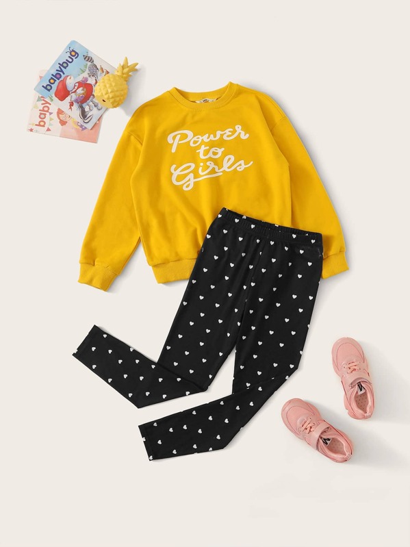 

Girls Slogan Graphic Pullover & Heart Print Pants Set, Multicolor