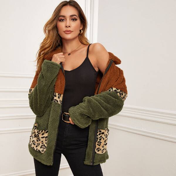 

Leopard Pocket Color Block Teddy Coat, Multicolor