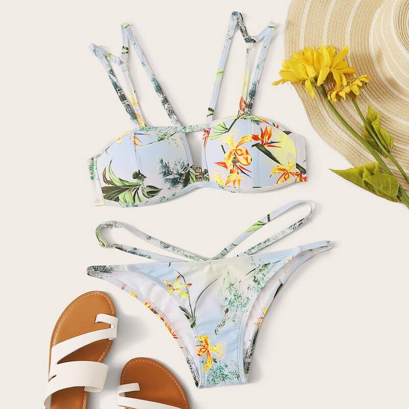 

Plant Print Harness Bikini Set, Multicolor