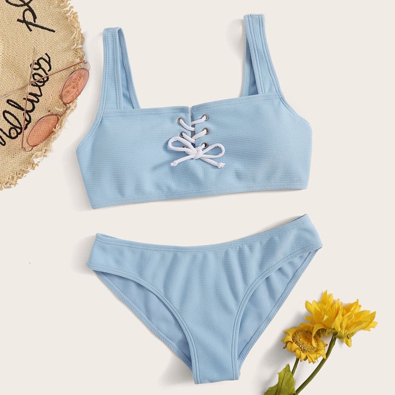 

Lace-up Front Ribbed Bikini Set, Blue
