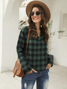 SHEIN LUNE 西裝領格紋前短後長襯衫 - 墨綠色 - 查看 3