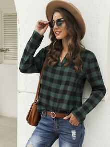 SHEIN LUNE 西裝領格紋前短後長襯衫 - 墨綠色 - 查看 4